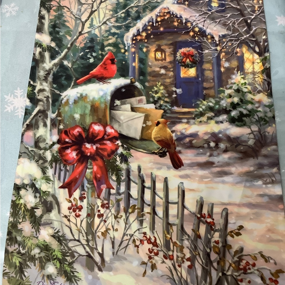 HOLIDAY COTTAGE WITH BIRDS ON A MAILBOX FLAG